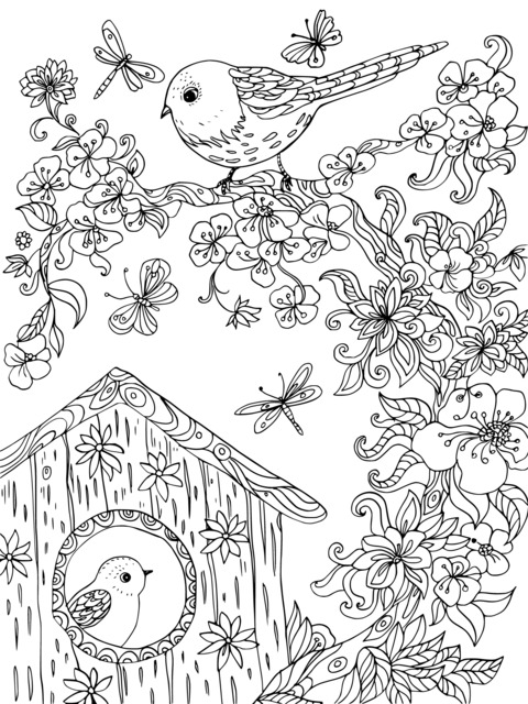 Bird, Flowers and Birdhouse