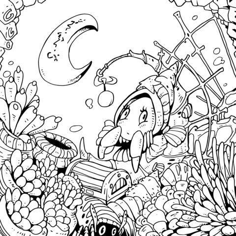 Coloring Page of Small Creature under Moon - lit Sea