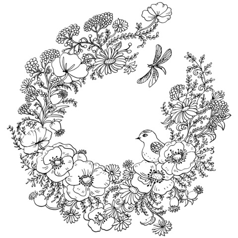 Ilustração de Uma Wreath com Flores e Aves