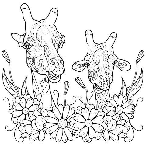 Giraffes and Flowers Coloring Page