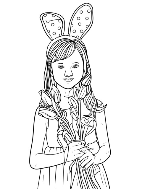 Coloring Page of a Girl with Tulips and Bunny - ear Headband