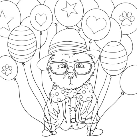 A Stylish Dog with a Hat and Glasses and Colorful Balloons