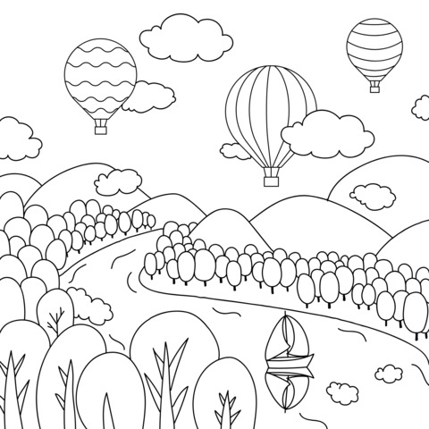 Hot Air Balloons and River Landscape Coloring Page