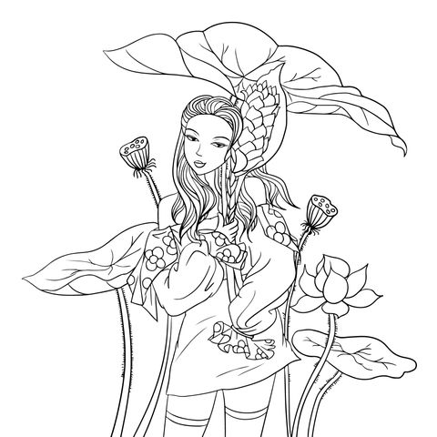 Coloring Page of a Girl among Lotus Flowers