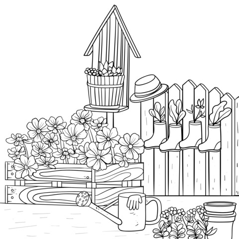 Garden - themed Coloring Page: Colorful Flowers and Gardening Items