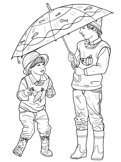 Coloring Page of Children Holding an Umbrella