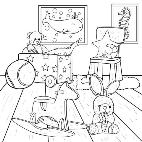 Dibujo para colorear de juguetes de habitación infantil adorables