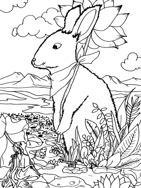 Fantasy Rabbit and Girl Coloring Page