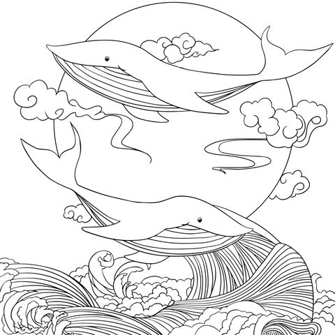 Coloring Page of Two Whales Playing in Waves and a Red Sun