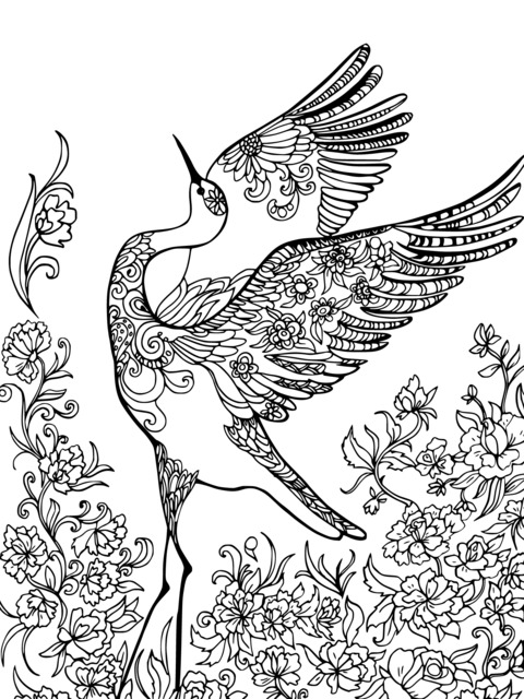 Exquisite Crane and Flower Coloring Page