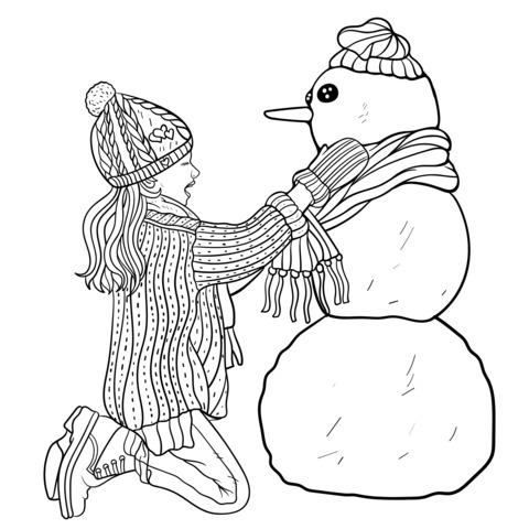 Menina montando um boneco de neve