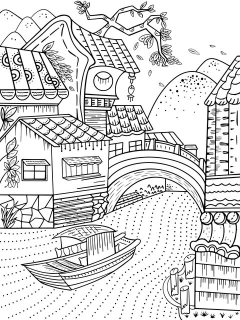 Ancient - style Water - town Scenery Coloring Page