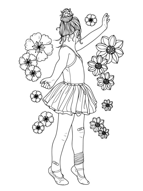 Coloring Page of a Little Girl and Blooming Flowers