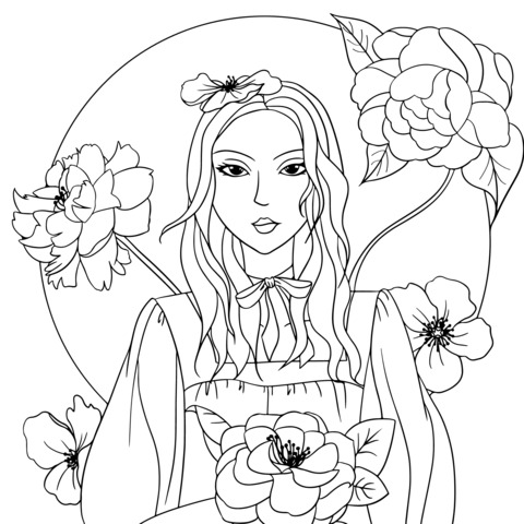 Página de colorear de ilustración de mujer rodeada de flores