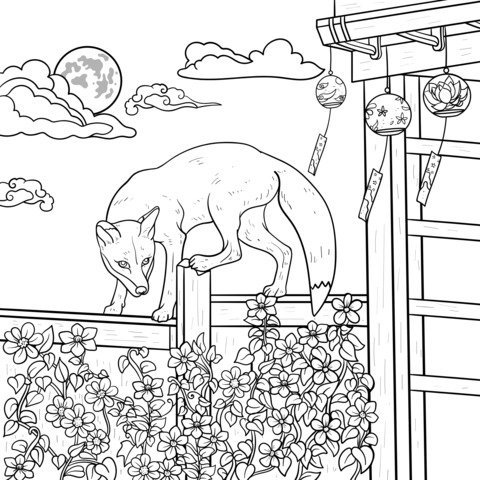 Fox and Flowers Coloring Page under Moonlit Night