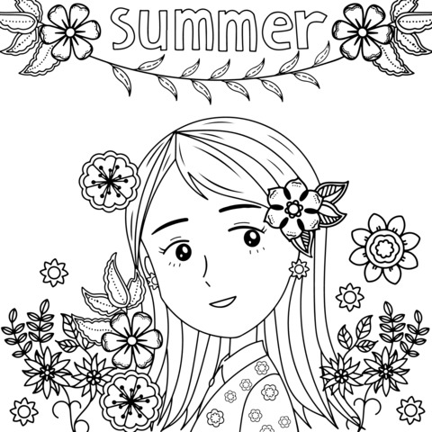 Summer Floral Girl Coloring Page