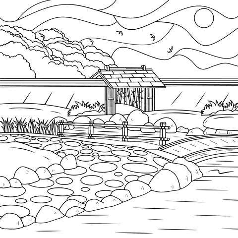 Japanese Garden Landscape Coloring Page