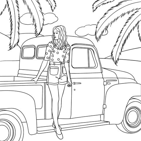 Fashionable Woman beside a Vintage Truck Coloring Page