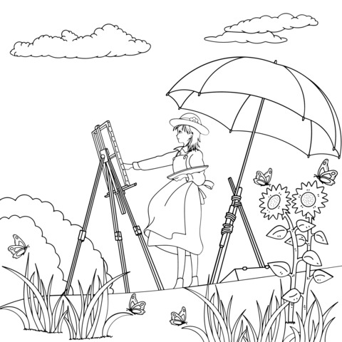 Coloring Page of a Woman Painting Outdoors