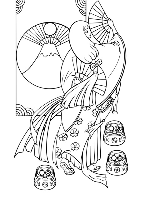 Japanese - style Illustration Coloring Page: Kimono - clad Woman with Fan and Daruma Dolls