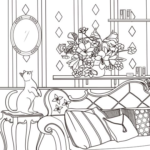 Coloring Page of an Indoor Scene: A Cozy Living Room Adorned with a Cat and Flowers