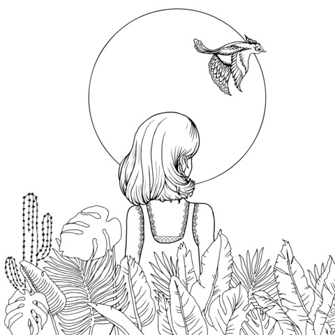 Coloring Page of a Woman with Birds and Greenery