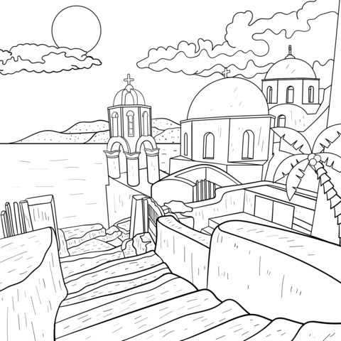 Santorini Landscape Coloring Page