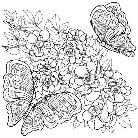 Flowers and Butterflies Coloring Page