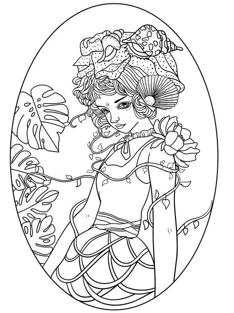 Ocean - themed Female Illustration Coloring Page