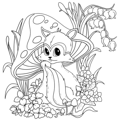 Cute Squirrel with Mushroom and Flowers Coloring Page