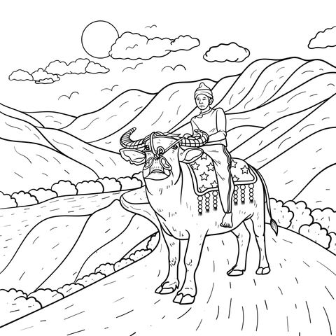 Coloring Page of a Person Riding an Ox and Landscape