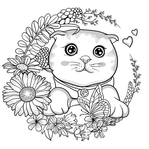 Página de Colorear de un Gato Adorable y Flores