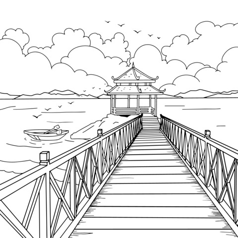 Wooden Bridge and Pavilion by the Lake