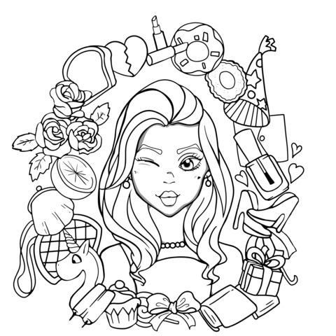 Fashion Girl and Colorful Items Coloring Page