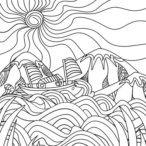 Coloring Page of a Sailing Ship on the Sea