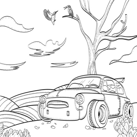 Red Car and Natural Landscape Coloring Page