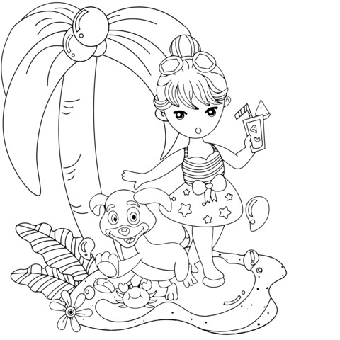 Summer Beach Coloring Page of a Girl and a Dog