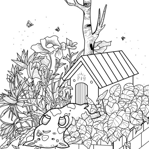 Rural Pig Coloring Page: A Cozy Pig and Garden Cottage