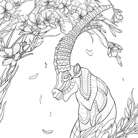 Antelope and Blooming Flowers Coloring Page