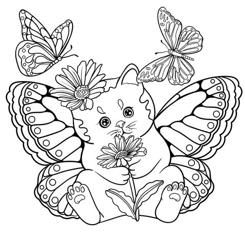 Gato con alas de mariposa y flores