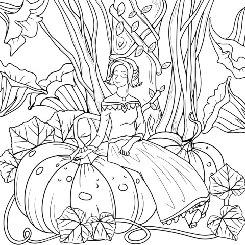 Coloring Page of a Woman among Pumpkins