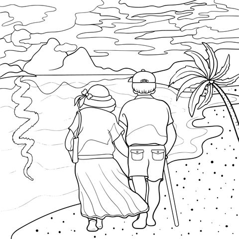 Elderly couple walking on the beach