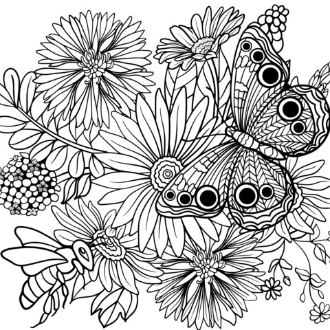 Colorful Flower and Insect Coloring Page