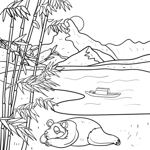 Coloring Page of a Panda Resting in a Bamboo - Forest Landscape