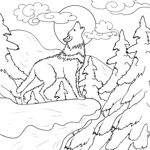 Wolf Howling at the Moon Coloring Page