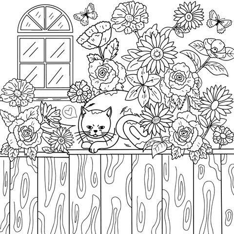 Coloring Page of a Cat and Blooming Flowers