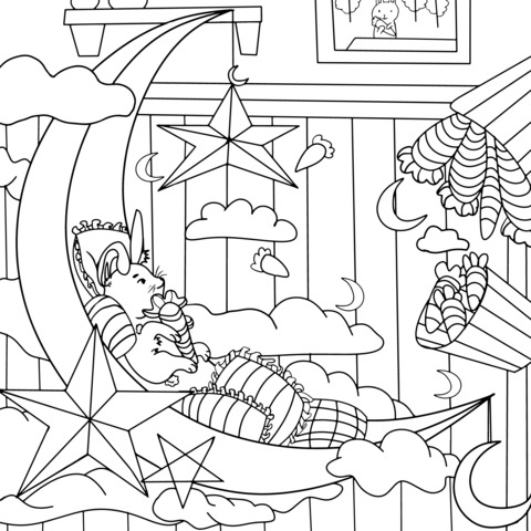 Coloring Page of Adorable Rabbits Resting on the Moon