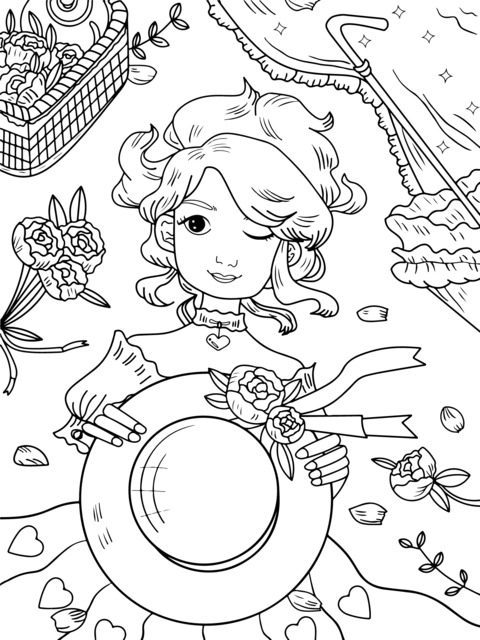 Vintage - style Girl and Flowers Coloring Page