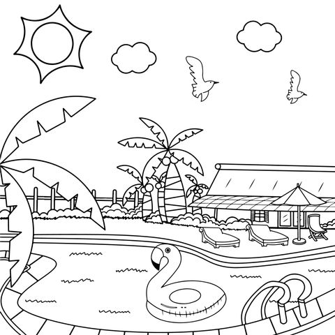 Summer Pool Scene Coloring Page