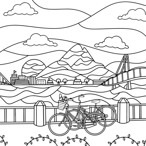 Página para Colorear de Paisaje Costero: Bicicleta, Puente y Vistas de Montañas y Mar